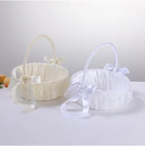 Wedding flower girl basket lace ribbon bow handmade white ivory bridal decor baskets set