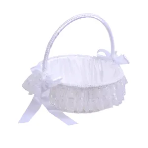White wedding flower girl basket with lace bow decorative bridal basket for wedding ceremony
