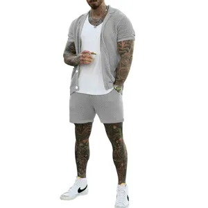 Men breathable mesh knit two piece short sleeve cardigan and shorts outfit detail view.