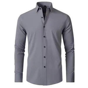 Men grey long sleeve dress shirt, four-way stretch wrinkle-free slim fit casual shirt.