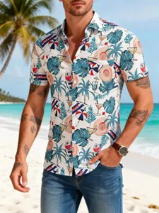 Men's Hawaiian tropical print short sleeve button-down beach resort casual summer shirt.
