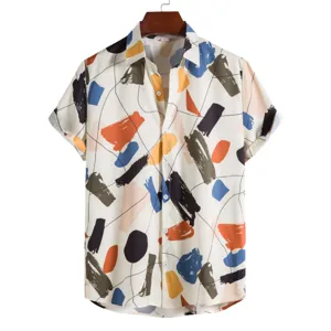 Détail chemise manches courtes imprimé abstrait, haut homme été revers style décontracté.