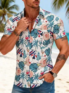 Men's Hawaiian Tropical Print Short Sleeve Shirt Casual Loose Fit Polyester Beach Vacation Top With Palm Tree Design