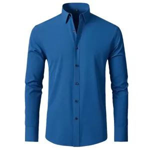 Men's long sleeve business dress shirt, stretch non-iron mercerized fabric, solid blue slim fit.
