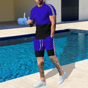 Summer men colorblock tracksuit 3d print short sleeve top and shorts athletic outfit detail