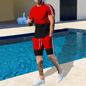 Men summer tracksuit short sleeve t-shirt and shorts set color block checkerboard casual wear