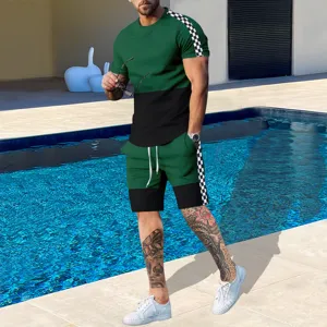 Men summer casual sportswear set short sleeve t-shirt and shorts green checkered detail
