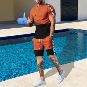 Men summer short sleeve t-shirt and shorts tracksuit set with color block checkered stripes.
