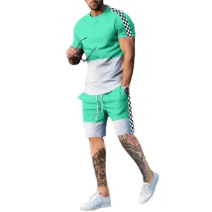 Detail view of men summer colorblock short sleeve t-shirt and casual shorts set item.