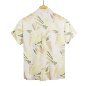 Back view detail of casual short sleeve Hawaiian printed lapel shirt in green and khaki.