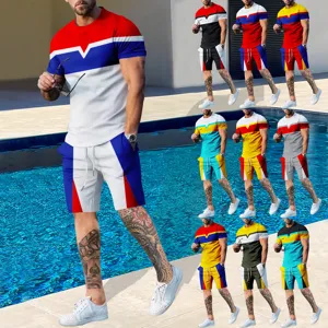 Herren Sommer Casual Farblock Zweiteiliges Set Kurzarm T-Shirt Und Shorts Sportbekleidung Activewear