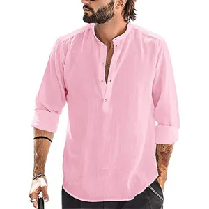 Mens casual long sleeve linen shirt mandarin collar light pink button down summer top detail