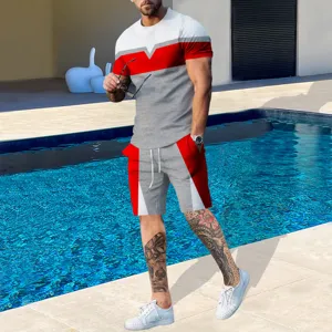 Herren Sommer Farblock Kurzarm T-Shirt und Shorts Set Freizeit zweiteiliges Outfit.