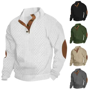 Heren Slim Fit Opstaande Kraag Gebreide Kabeltrui met Knoopsluiting en Elleboogpatches
