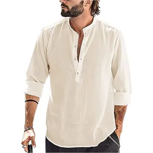 Men's casual loose stand collar long sleeve linen shirt detail view, breathable fabric.
