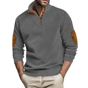 Men's ribbed long sleeve polo sweatshirt with contrast elbow patches and stand collar