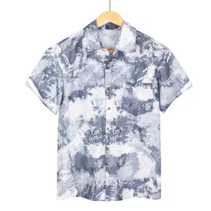 Mens casual short sleeve lapel button shirt with stylish grey white abstract print design.