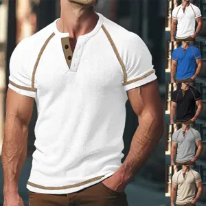 Men's Casual Waffle Knit Henley Shirt Short Sleeve Solid Color Raglan Contrast Trim Summer Fitness T-Shirt