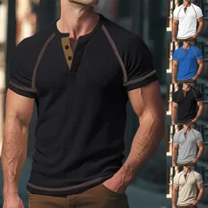 Men's waffle knit henley t-shirt detail showcasing color variants and casual slim fit style.