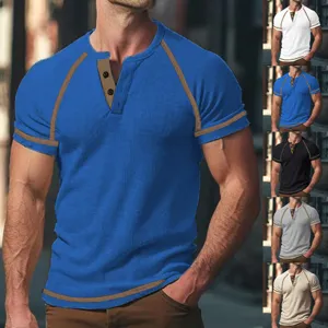 Men casual waffle knit Henley shirt short sleeve raglan fitness tee solid color top