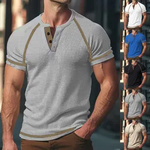 Men waffle knit henley t-shirt short sleeve casual retro fitness raglan top summer apparel