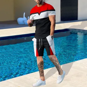 Herren Sommer Farblock Kurzarm T-Shirt und Shorts casual zweiteiliges Outfit Set.