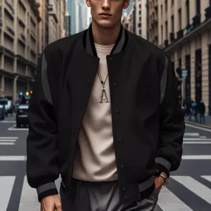 Men fleece lined varsity jacket casual fashion color block snap button baseball coat for men.