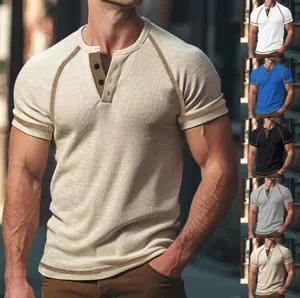 Men's casual waffle knit henley t-shirt short sleeve raglan design summer top fashion