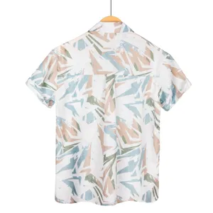 Men's casual short sleeve shirt back detail showing abstract geometric print fabric pattern.