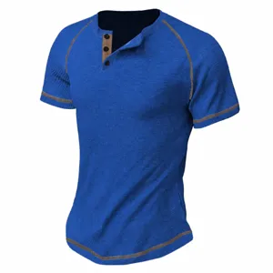 Mens blue waffle knit henley shirt short sleeve casual retro raglan t-shirt for daily wear