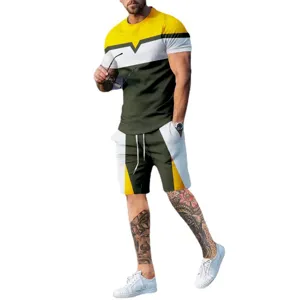 Herren Sommer Freizeit Colorblock T-Shirt und Shorts Set, stilvolles geometrisches Outfit.