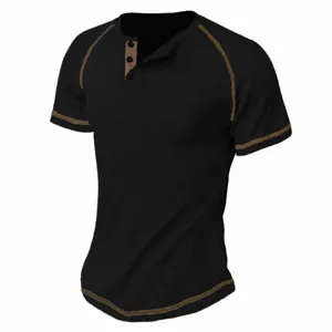 Mens Casual Waffle Short Sleeve Henley Shirt Vintage Raglan Tee Black Summer Tops