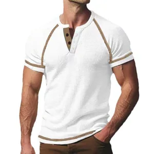 Men's waffle knit Henley short sleeve t-shirt casual slim fit contrast trim top for summer.