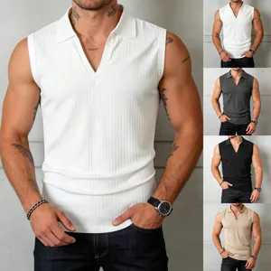 Men's ribbed sleeveless polo shirt slim fit casual solid color V-neck tank top for men