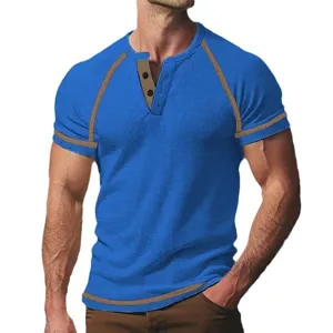 Men's waffle knit short sleeve henley shirt, casual slim fit summer tee with contrast trim.