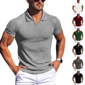 Men's Summer Casual Short Sleeve Polo Shirt V-Neck Lapel Slim Fit Vertical Striped Knit Pullover Top