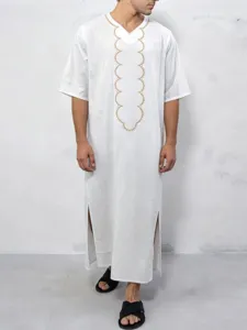 Traditionelle Herren Kaftan Robe V-Ausschnitt Halbarm 100% Polyester Digitaldruck Lockerer Ethno-Thobe Für Sommer Freizeit