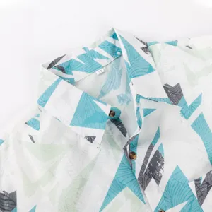 Men Hawaiian shirt collar detail, blue green leaf print short sleeve casual top view