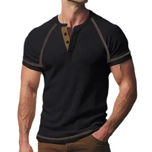 Men's waffle knit Henley short sleeve t-shirt casual slim fit summer retro tops.