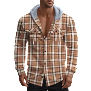 Men's American Retro Plaid Hooded Flannel Shirt Top Casual Long Sleeve Button Down Jacket