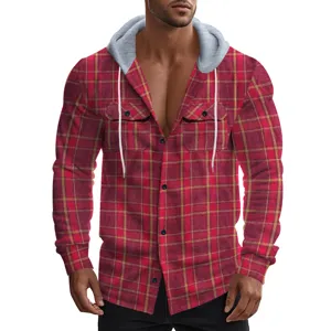Men's vintage plaid hooded flannel shirt jacket casual long sleeve button down top