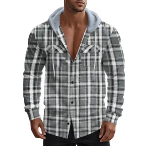 Men's Casual Plaid Hooded Shirt Long Sleeve Button Down Flannel Overshirt Jacket