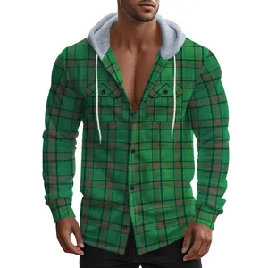 Men's green plaid hooded flannel shirt autumn casual long sleeve button down jacket for men.
