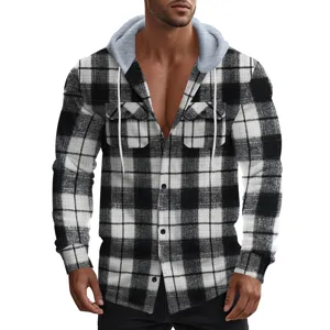 Men's plaid hooded flannel shirt casual long sleeve button down shirt with dual pockets