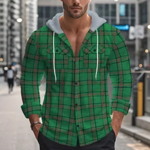 Green plaid hooded flannel shirt detail, casual long sleeve button down outerwear style.