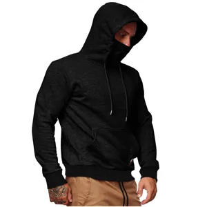 Felpa con cappuccio uomo con maschera facciale manica lunga sportiva autunnale tinta unita