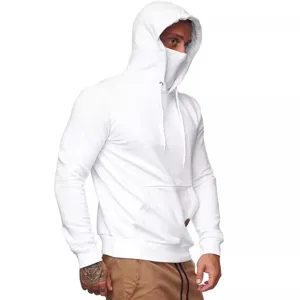 Felpa con cappuccio tinta unita da uomo con maschera facciale integrata, pullover casual.
