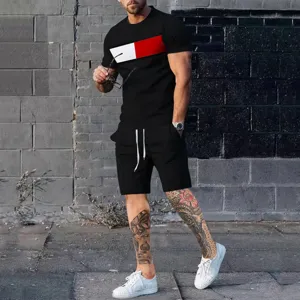 Mens summer short sleeve tracksuit with color block t-shirt and casual shorts set.