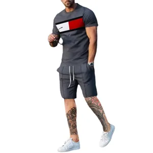 Men summer short sleeve sports casual t-shirt and shorts set matching outfit gray