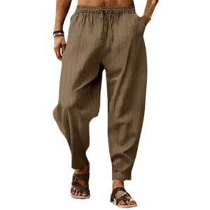 Men's summer casual striped breathable cotton linen loose harem streetwear trousers